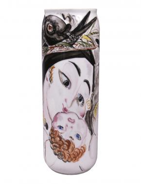 Cylindrical Vase with the Image "Mother and Child" and a Man's Head Surrounded by Fish