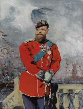 Император Александр III в мундире датской Королевской лейб-гвардии на фоне моря в копенгагенской гавани