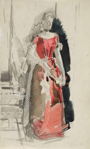 Женщина в красном платье с веером