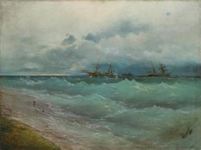 Ships on the Stormy Sea. Sunrise