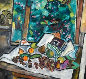 Натюрморт с фруктами, раскрытой книгой и горшком цветов