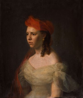 Портрет молодой женщины в белом платье и красном шарфе
