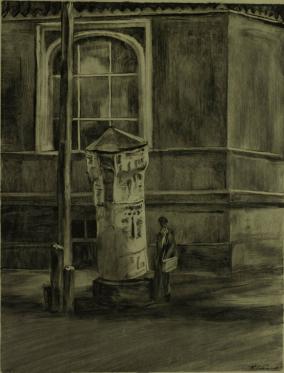 Афишная тумба у здания художественно-технического института. 1951