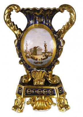 Ваза кобальтового крытья с миниатюрами "Вид Биржи" и "Адмиралтейство и Кронштадт"