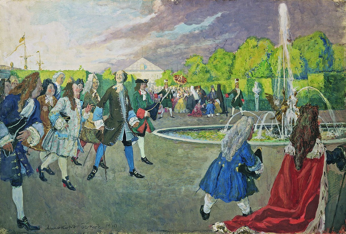 Петр I на прогулке в Летнем саду, Alexandre Benois, 1910