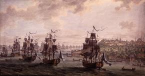  Российская эскадра под командованием вице-адмирала Ф.Ф. Ушакова, идущая Константинопольским проливом 8 сентября 1798 года