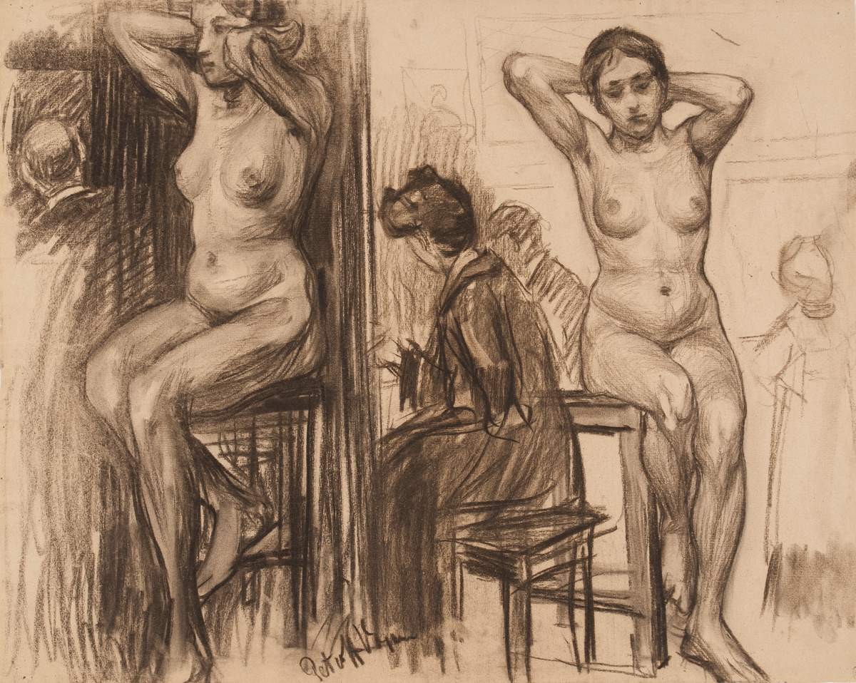 Сидящая натурщица. Художники в ателье, Kuzma Petrov-Vodkin, 1906