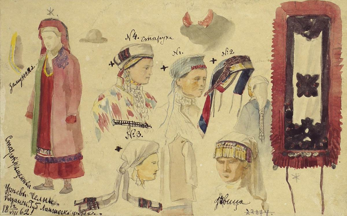 Наброски костюма и головных уборов староверок Казанской губернии, Carl Huns, 1862