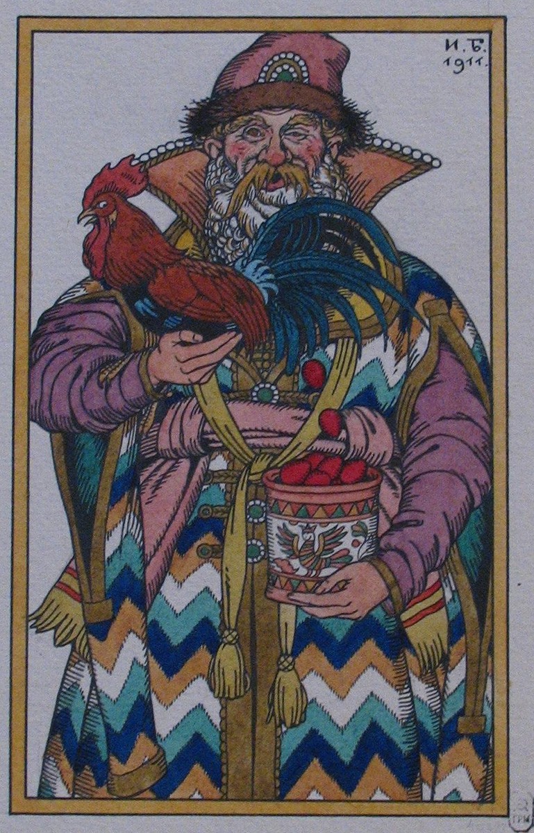 Дед с петухом. Пасхальное открытое письмо, Ivan Bilibin, 1911