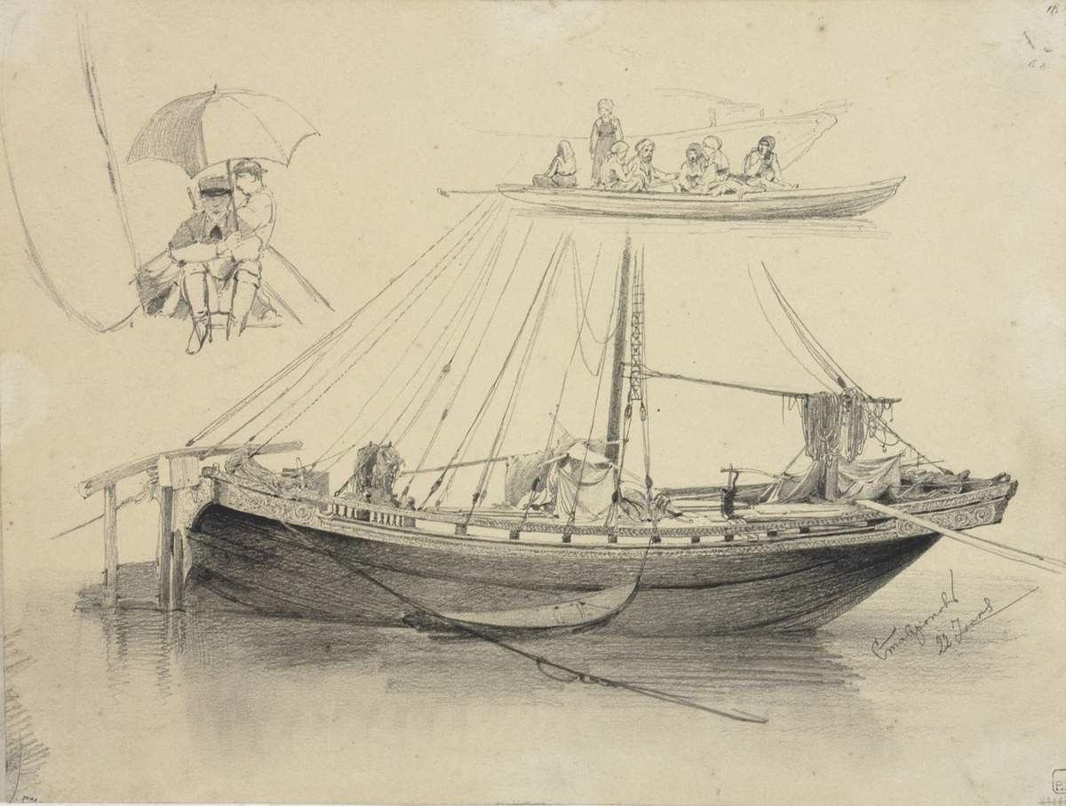 Барка с лодочкой у причала. Крестьяне в лодке. Художники в лодке, Fyodor Vasilyev, 1870