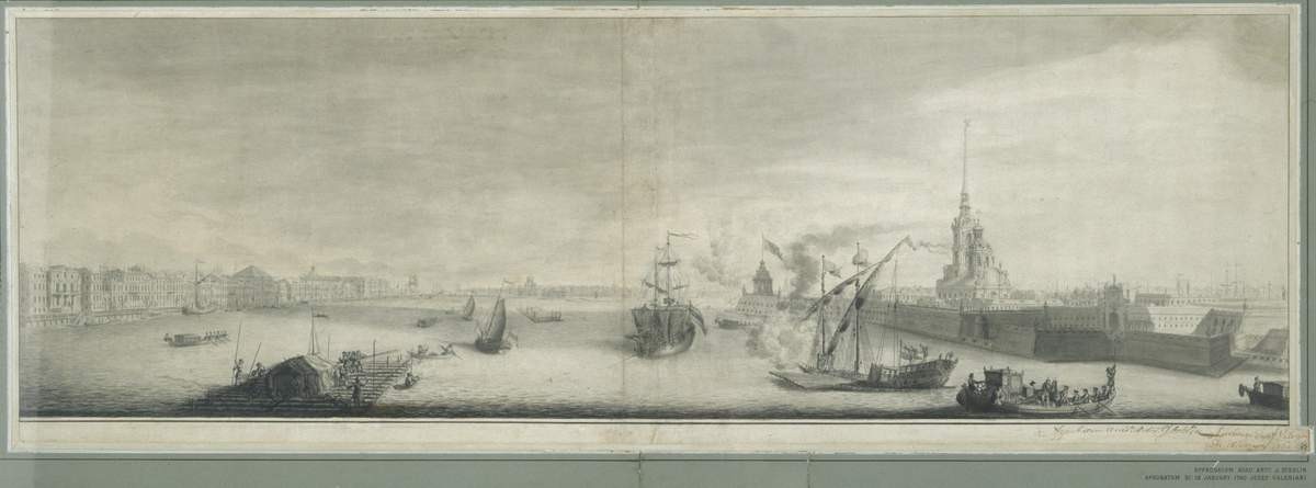 Вид вниз по Неве от Петропавловской крепости, Mikhail Makhayev, 1759–1760