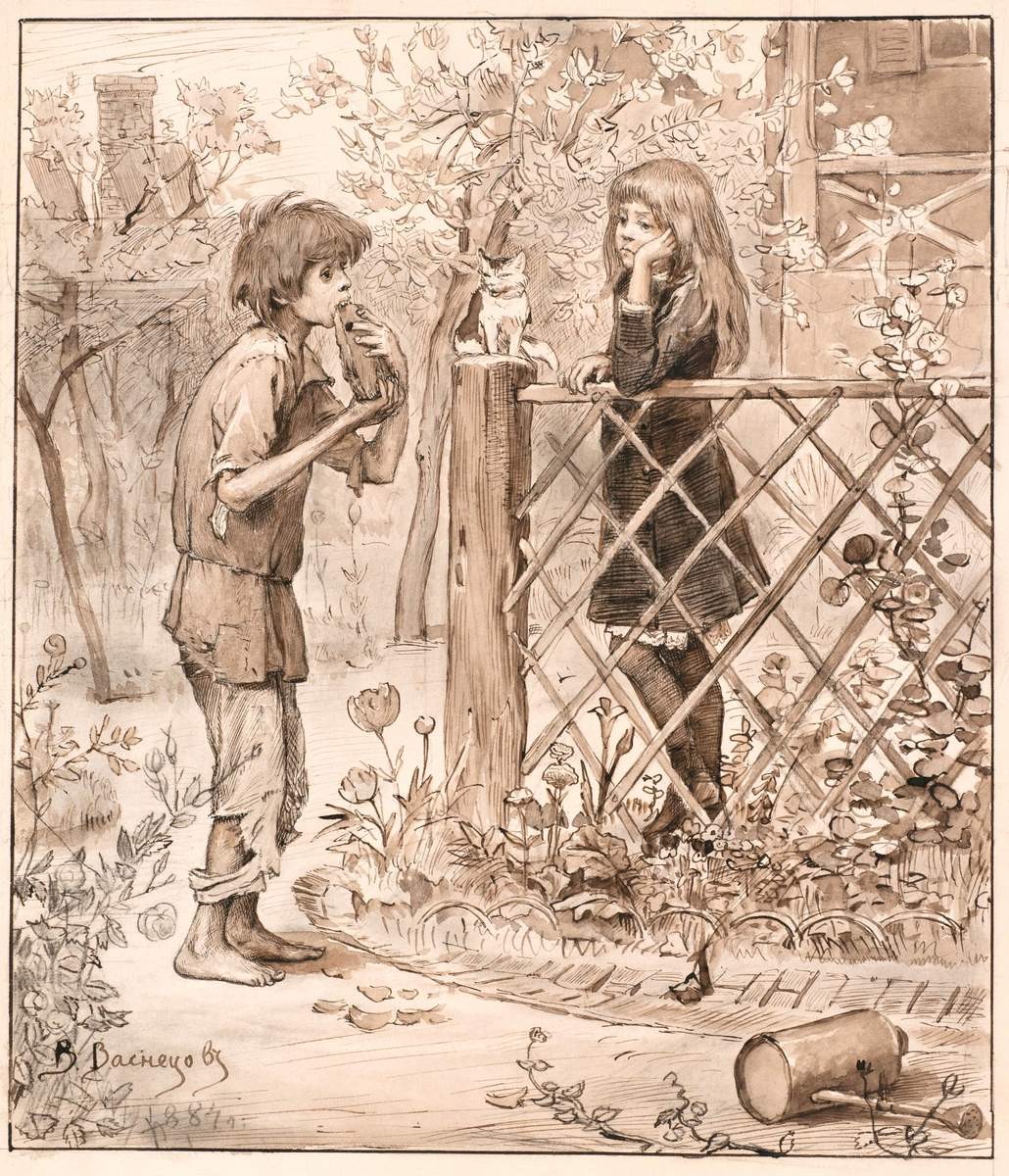 Девочка и голодный мальчик, Viktor Vasnetsov, 1884
