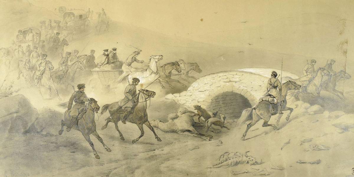 Войска на дороге из Севастополя в село Чоргун, Vasily Timm, 1855 (?)
