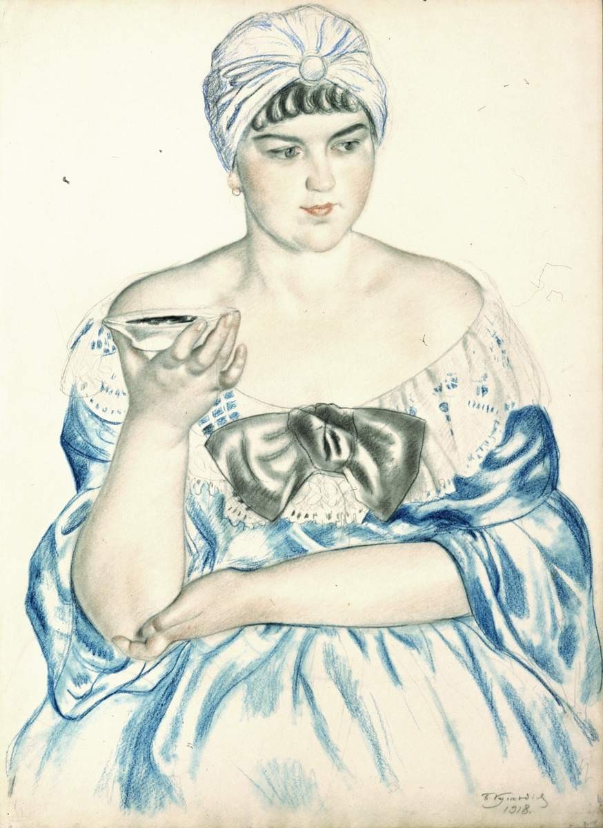 Женщина, пьющая чай, Boris Kustodiev, 1918