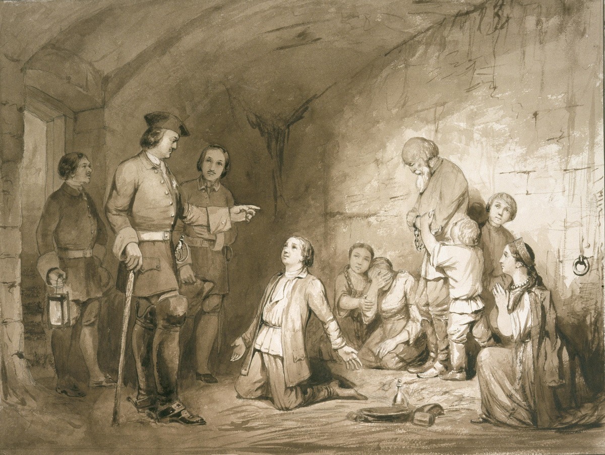 Петр I посещает тюрьму, Lev Lagorio, 1849