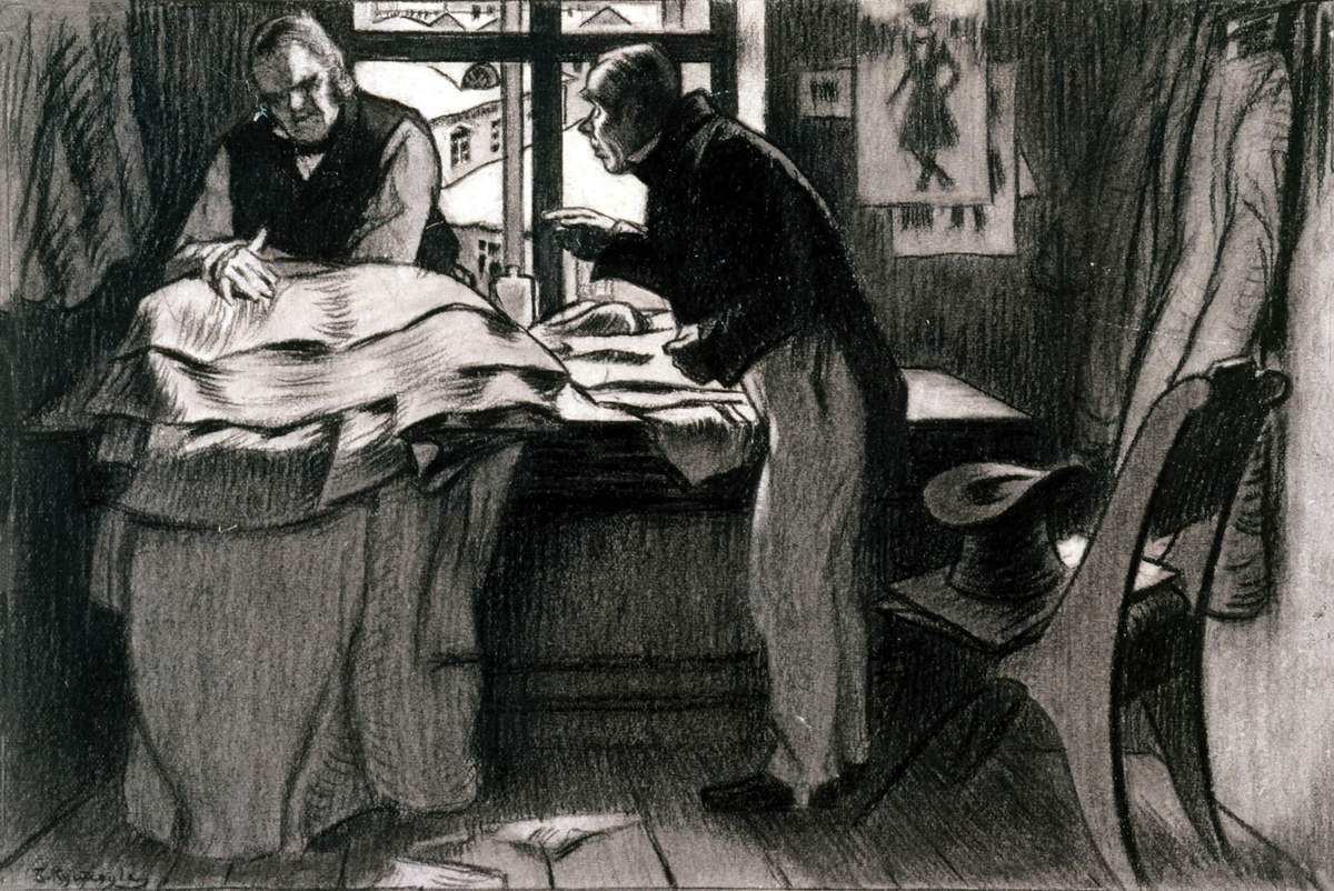 Акакий Акакиевич у Петровича, Boris Kustodiev, 1905
