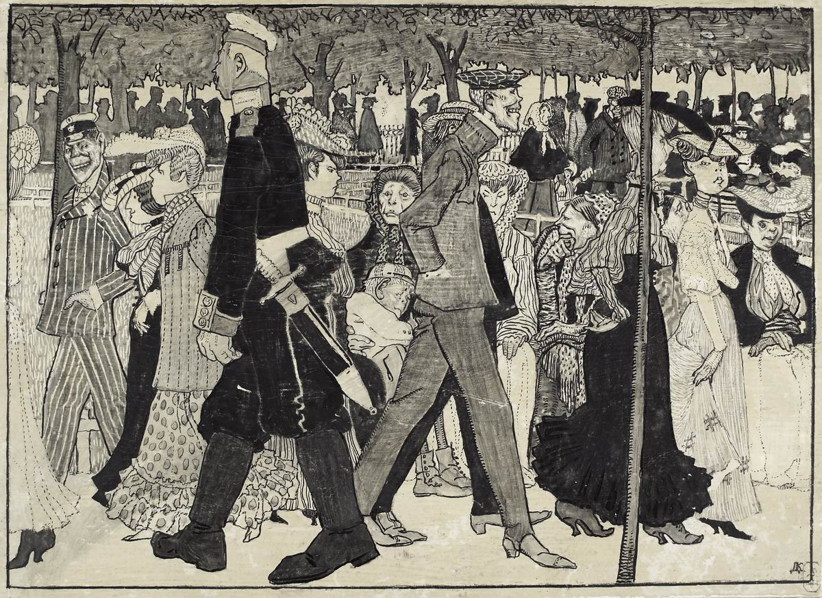 Бульвар в Мюнхене. Карикатура, Dmitry Kardovsky, 1898-1899