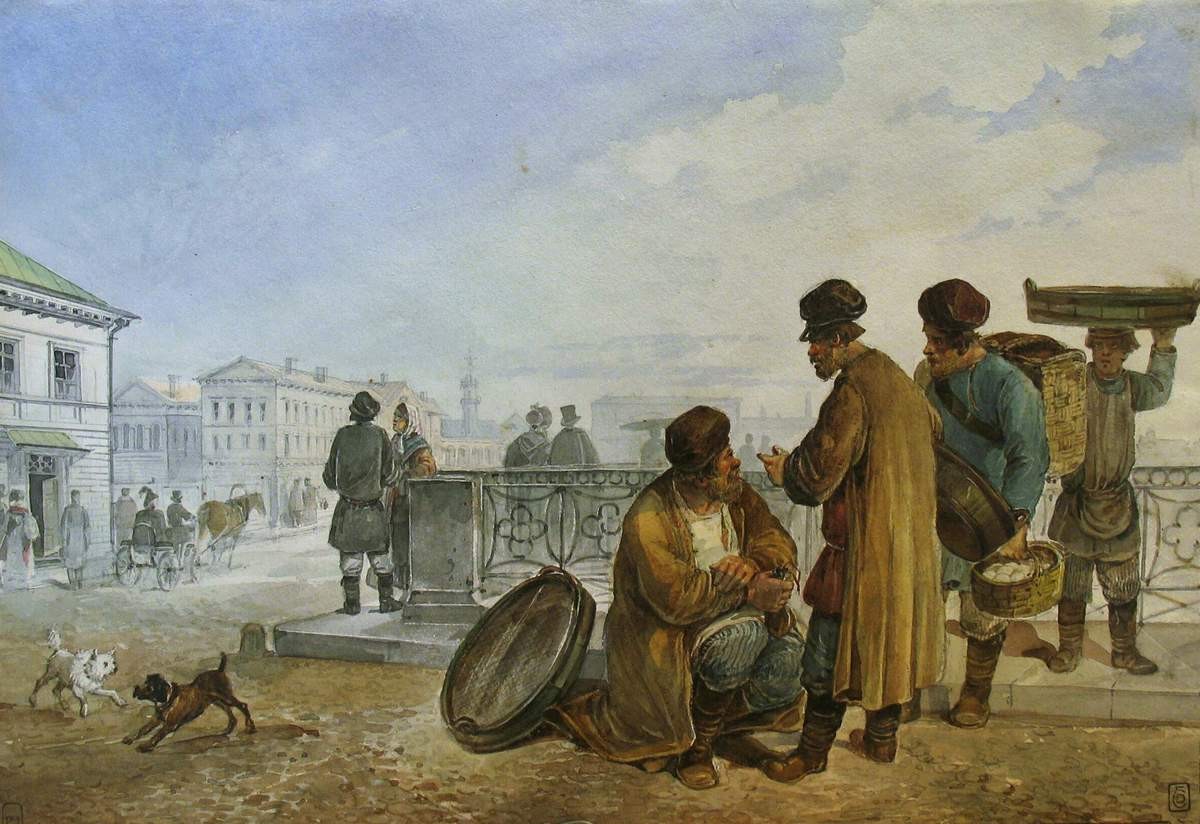 Торговцы рыбой и яйцами на набережной в Петербурге, Carl Ivanovitch Kollmann, 1830s