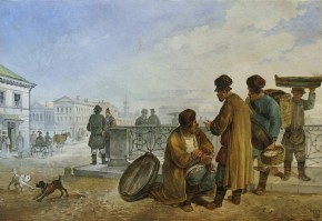 Торговцы рыбой и яйцами на набережной в Петербурге