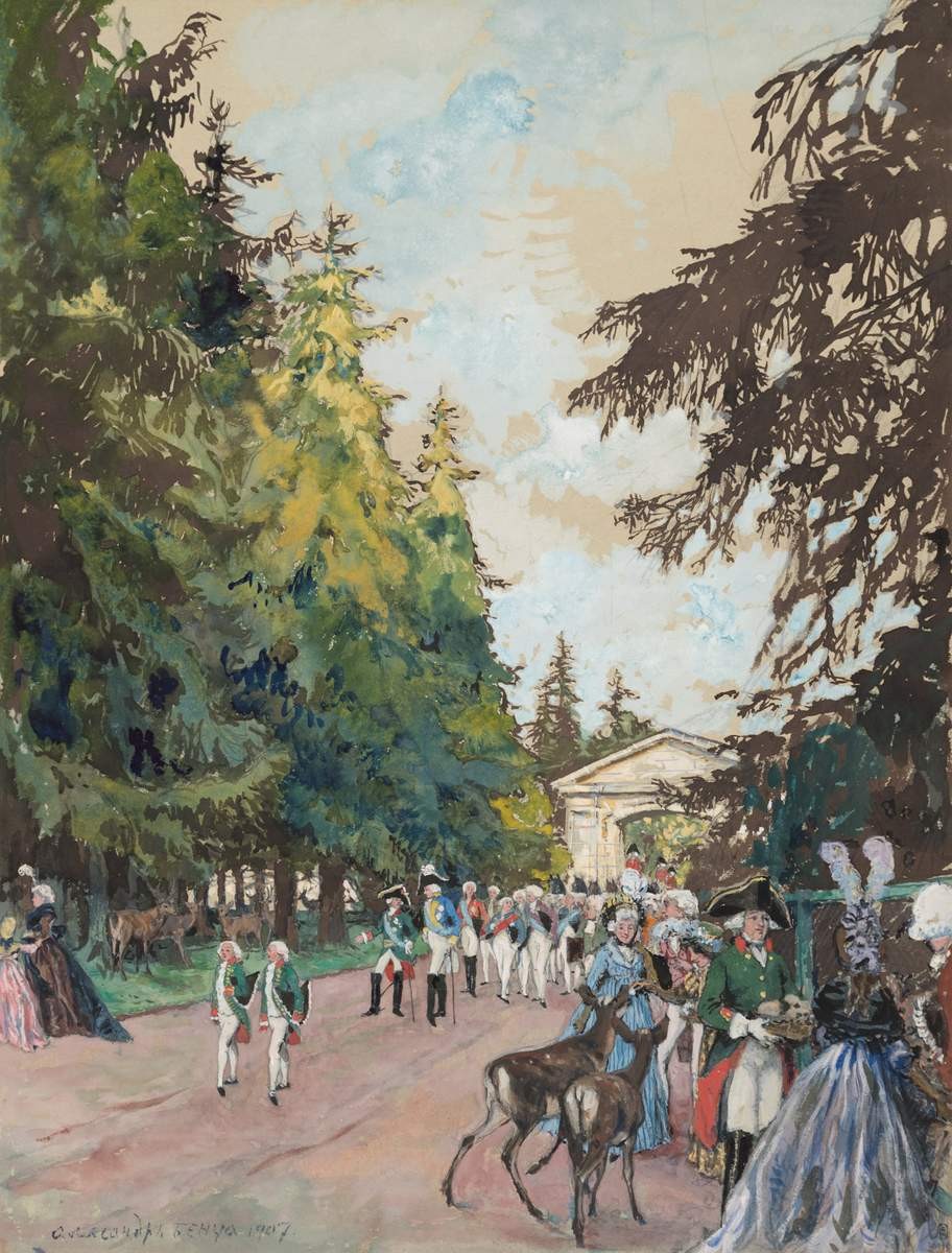 Прогулка императора Павла I со свитою по зверинцу в городе Гатчине, Alexandre Benois, 1907