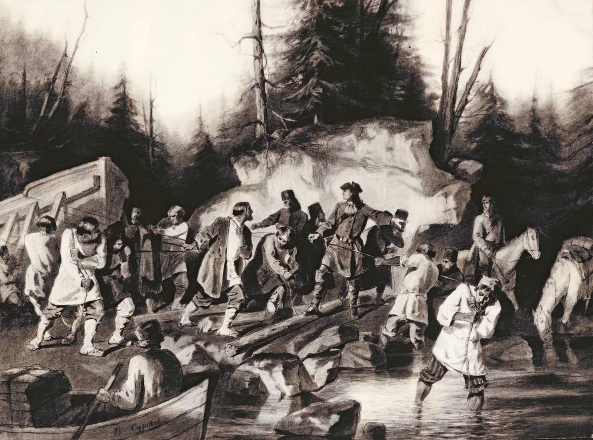Петр I перетаскивает суда из Онежского залива в Онежское озеро, Vasily Surikov, 1872