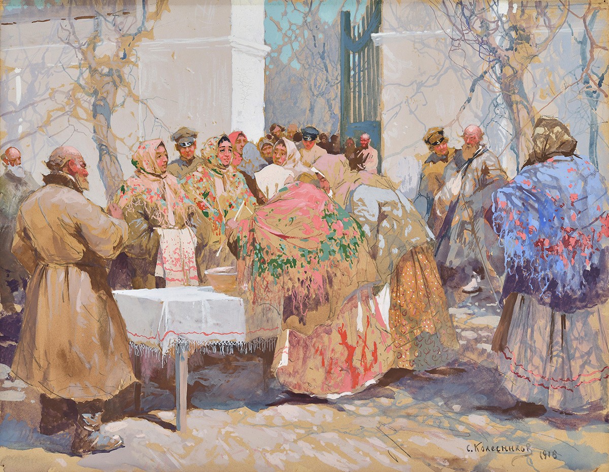 Пасха. У входа в храм, Stepan Kolesnikov, 1915