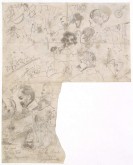 Николай I смотрит на Федотова в лупу. Мужские и женские головы. Фигуры офицеров. Голова овцы. Глаз. Ребус с изображением кота. Скрипичный ключ. Фигура женщины и девочки. Другие наброски