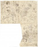 Николай I смотрит на Федотова в лупу. Мужские и женские головы. Фигуры офицеров. Голова овцы. Глаз. Ребус с изображением кота. Скрипичный ключ. Фигура женщины и девочки. Другие наброски