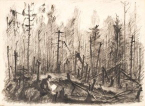 В лесу, пострадавшем от обстрела, художник делает зарисовки
