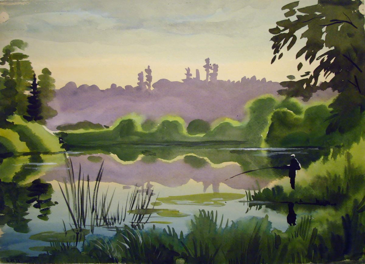 Озеро с рыбаком, Nikolay Lapshin, 1938