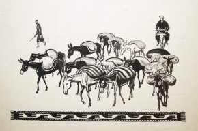 Эскиз к линогравюре «Самарканд. На базаре. Ослики»