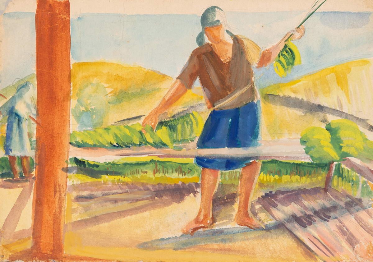 Низовщица табака на фоне моря, Marija Vladimirovna Lomakina, 1933