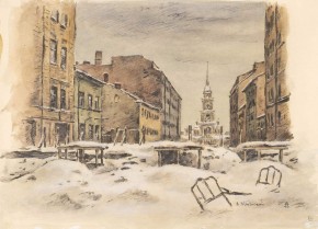 Ленинград в дни блокады. Баррикады на улице Тюшина в 1943 г.