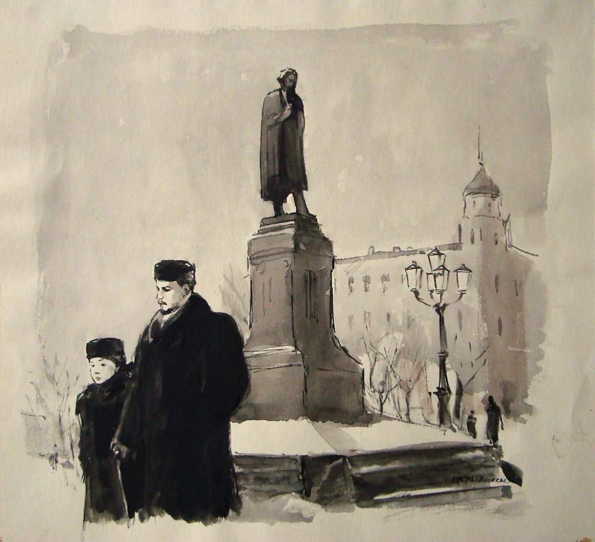 Гуров с дочерью идут по Москве. Иллюстрация к рассказу А. П. Чехова «Дама с собачкой», Kukryniksy, 1945