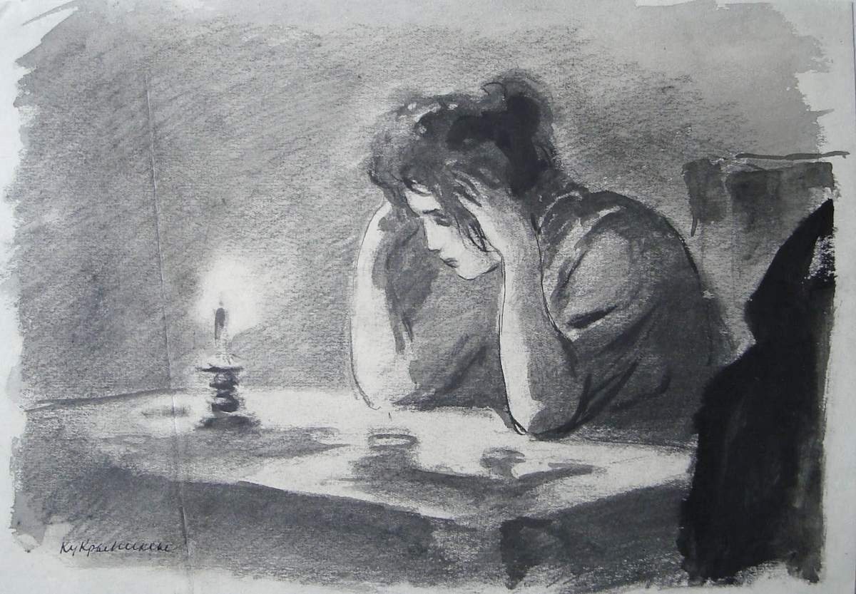 Анна Сергеевна у себя в номере. Иллюстрация к рассказу А. П. Чехова «Дама с собачкой», Kukryniksy, 1945