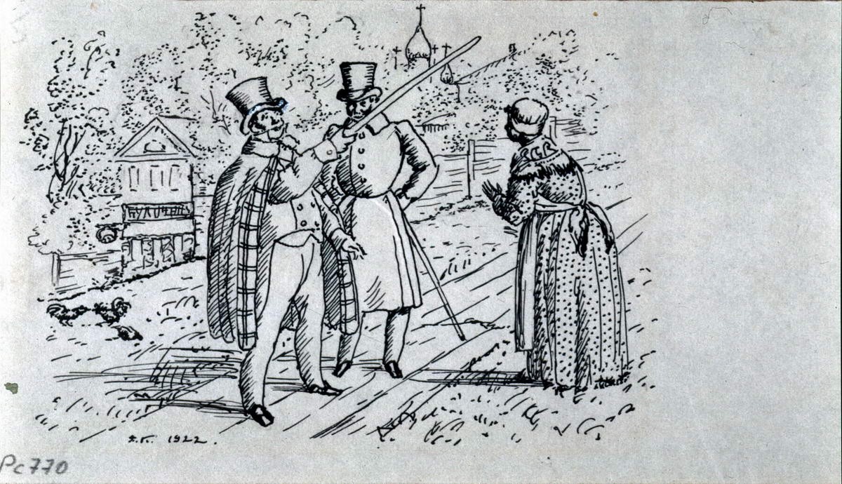 Разговор на улице (Господа на улице у дома штопальщика), Boris Kustodiev, 1922