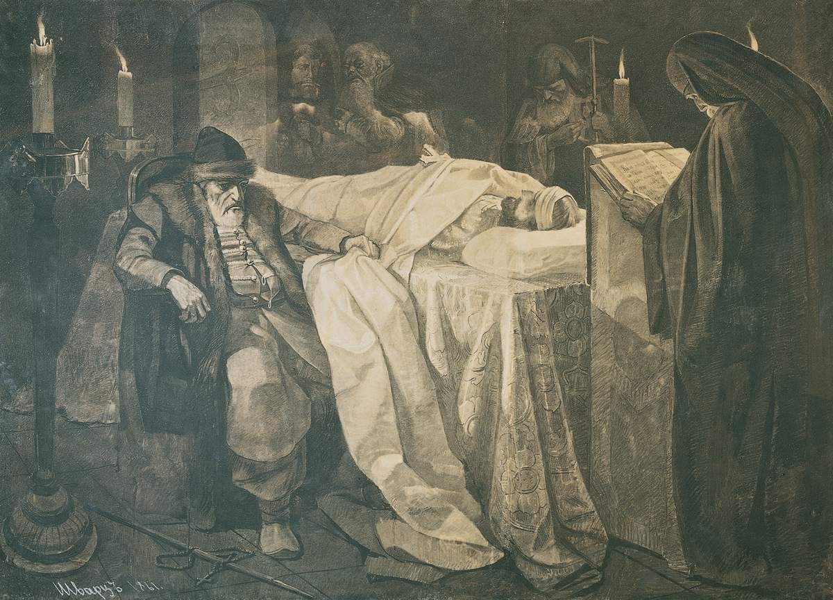 Иван Грозный у тела убитого им сына в Александровской слободе, Vyacheslav Schwarz, 1861