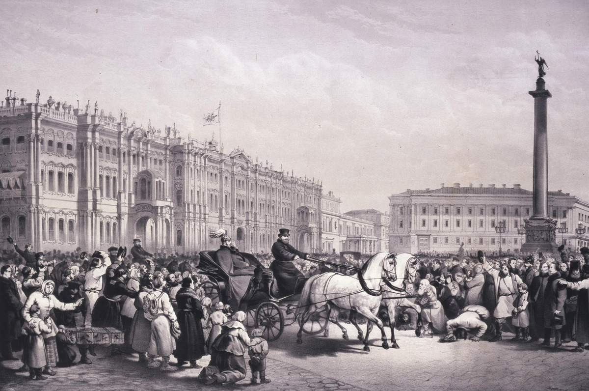 Русские крестьяне благодарят Александра II 19 февраля 1861 года на площади Зимнего дворца в Петербурге, Petr Borel, no earlier than 1861