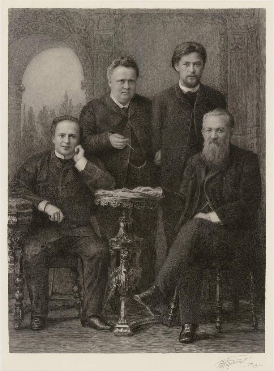 Групповой портрет: А. Суворин, А. П. Чехов, В. Н. Давыдов и Свободин, Mikhail Rundaltsov, 1912