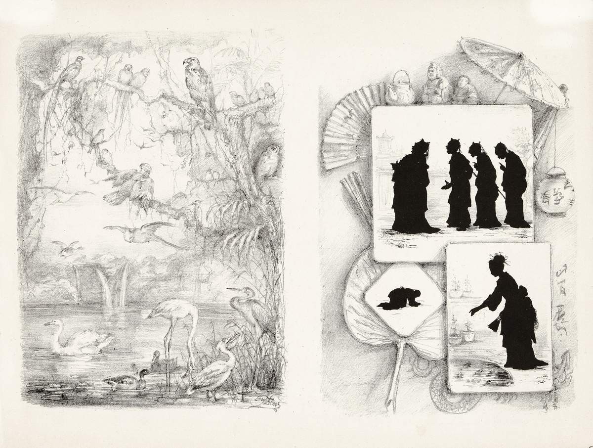 2 изображения: 1. Силуэты китайцев. 2. Жизнь птиц, Elisabeth Bem, 1890