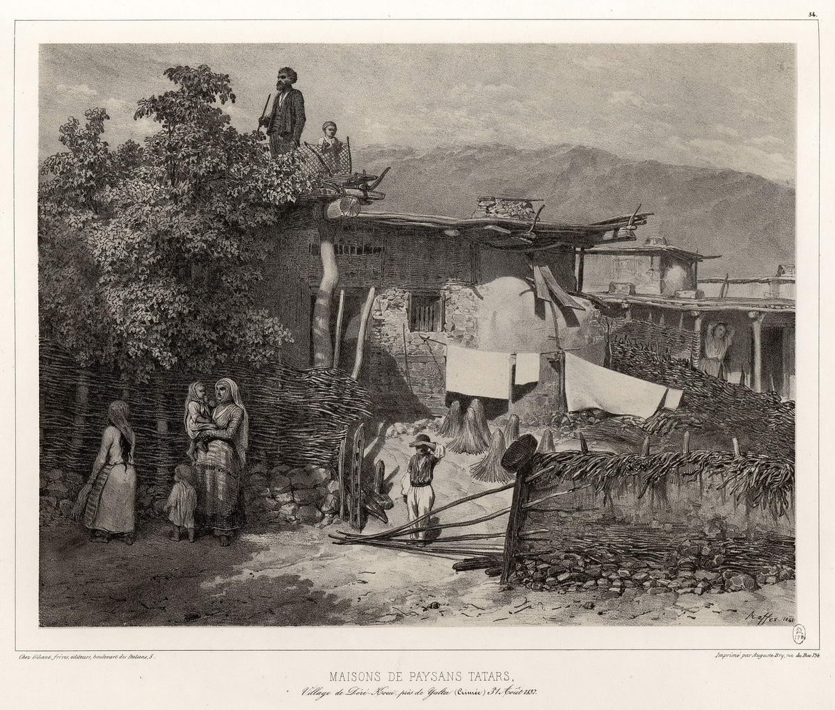 Дома татарских крестьян около Ялты. «Maisons de paysans», Raffe Deni-Ogyust-Mari, 1838 - 1848