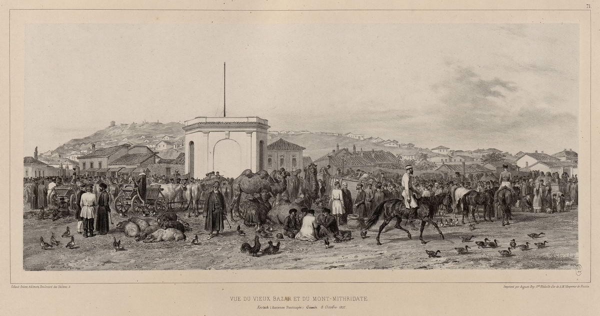 Керчь. Вид старого базара и горы Митридат. «Vue de vieux bazar», Raffe Deni-Ogyust-Mari, 1838 - 1848
