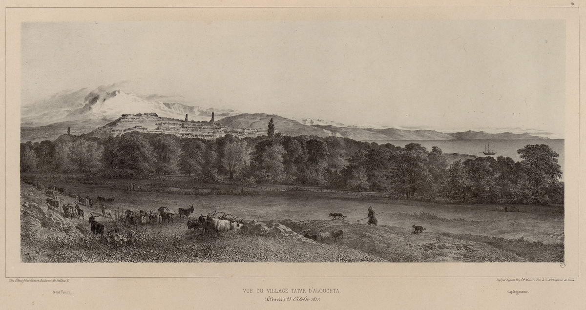 Вид Алушты. (1837 г.) «Vue du village tatar d Alouchta», Raffe Deni-Ogyust-Mari, 1838 - 1848