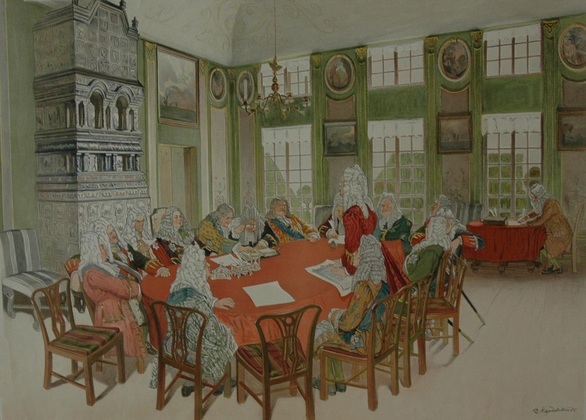 Заседание Сената петровских времен, Dmitry Kardovsky, 1908