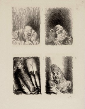 Заставки к книге М. Е. Салтыкова-Щедрина «История одного города». Глава «Опись градоначальникам» 1) Пфейфер, 2) Прыщ 3) Баклан 4) Грустилов