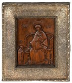 Резная икона «Богоматерь на троне и Кирилл Белозерский»