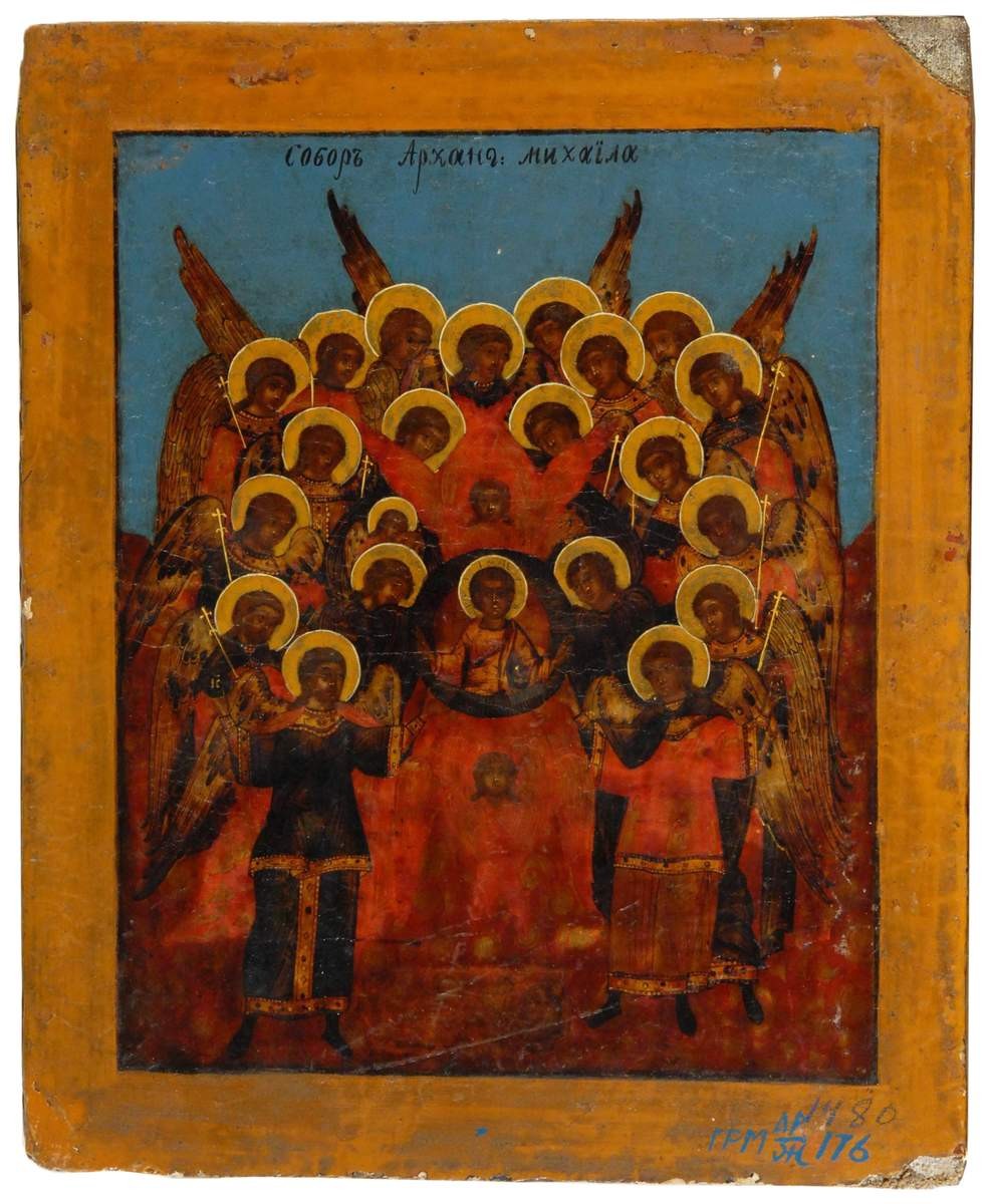 Икона двусторонняя «Димитрий и Георгий и Собор Архангела Михаила», 17th century