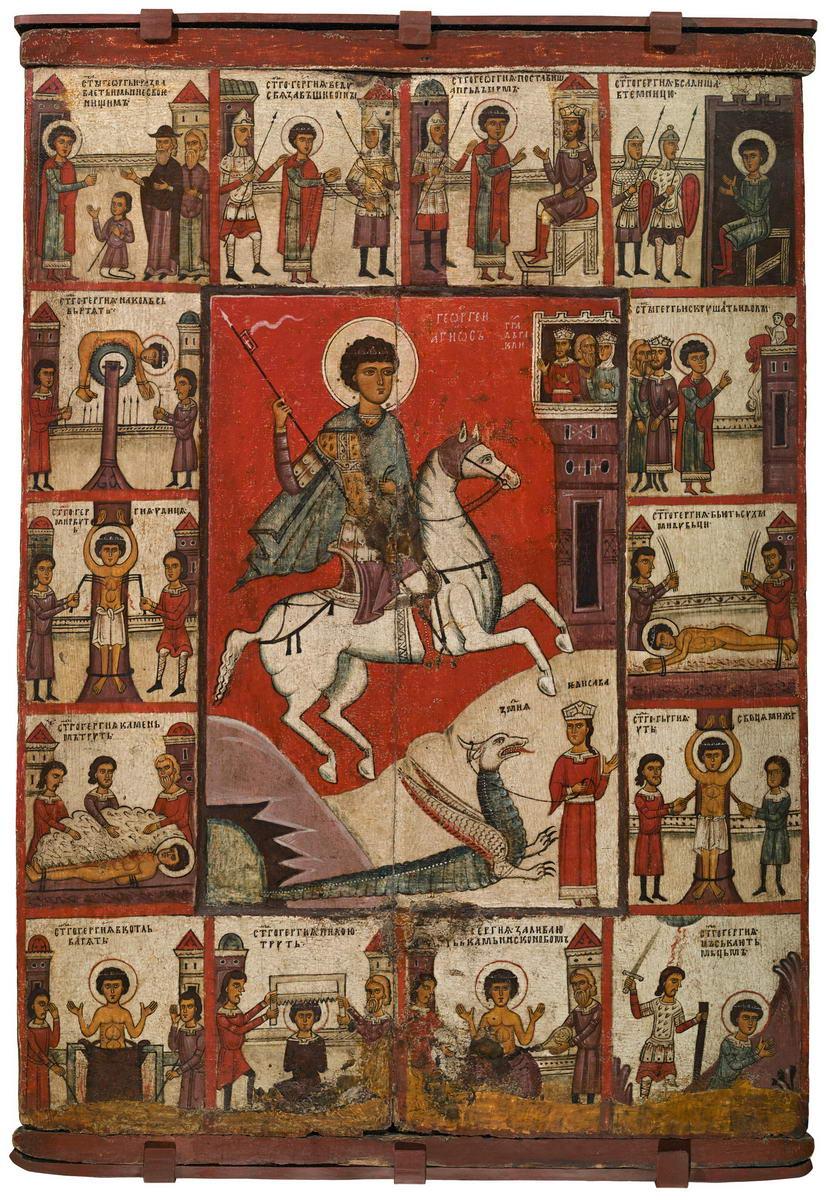 Чудо Георгия о змие, с житием в 14 клеймах / Георгий в житии, first half of the 14th century