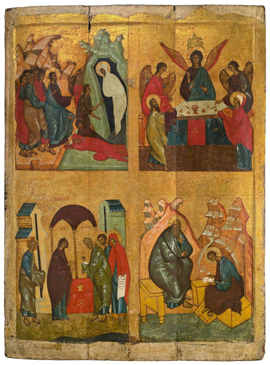 Воскрешение Лазаря, Троица ветхозаветная, Сретение, Иоанн Богослов с Прохором., first half of the 15th century