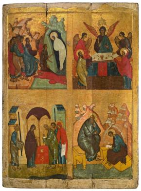The Raising of Lazarus, The Old Testament Trinity, The Purification, STs. John the Theologian and Prochorus. Four-parts icon